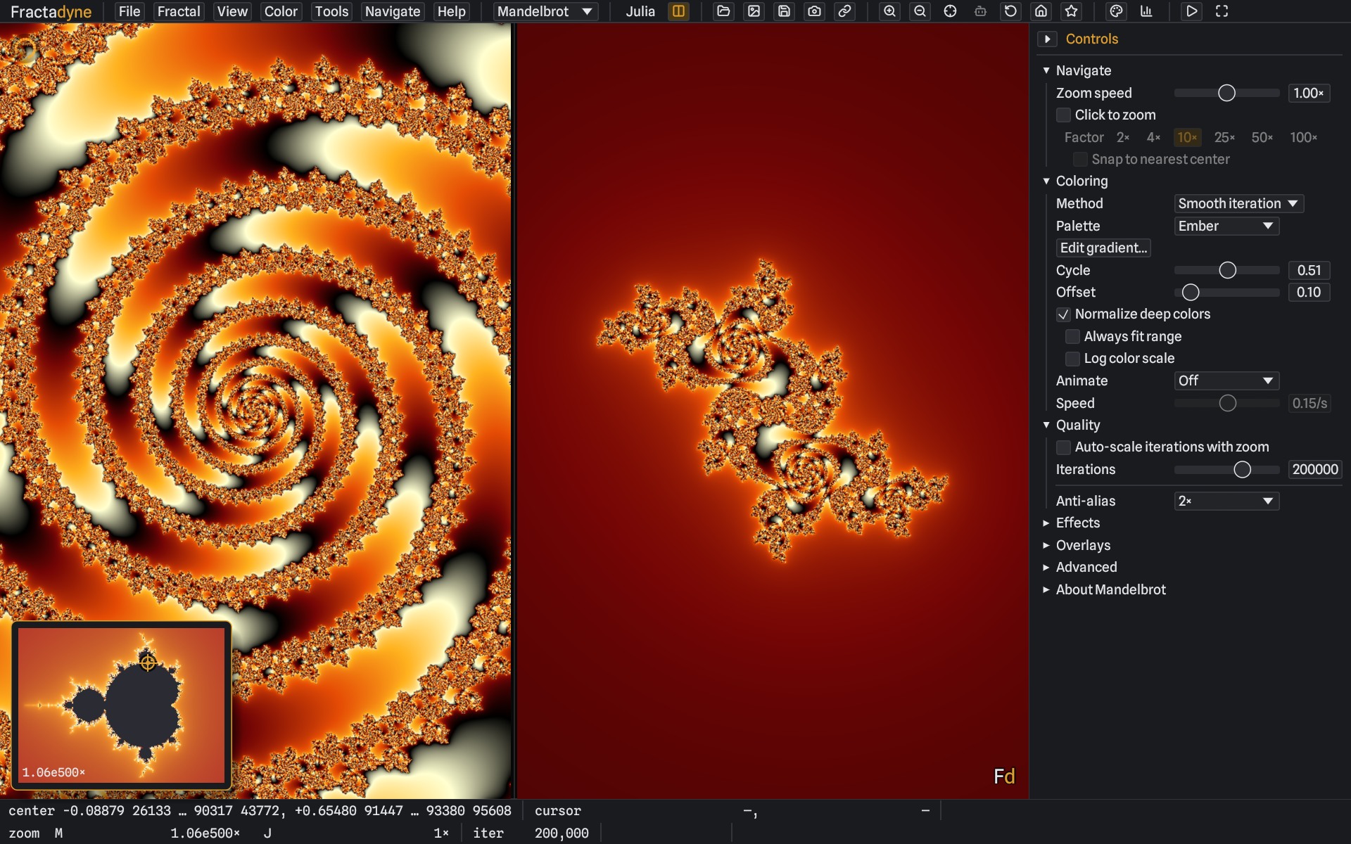 The Fractadyne window: on the left, a deep Mandelbrot zoom in ember orange, cream and black winding into a bright spiral, with a small minibrot locator inset in the corner; on the right, the linked Julia set of that same centre point in the same palette; and the Controls panel showing the colouring and quality settings. The status bar reads a magnification of 1.06e500 and 200,000 iterations.
